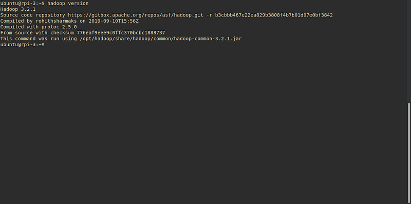 Terminal on ubuntu@rpi-3 where hadoop version now succeeds, printing Hadoop 3.2.1, the source repository commit, compile details including protoc 2.5.0, and that it ran using /opt/hadoop/share/hadoop/common/hadoop-common-3.2.1.jar.