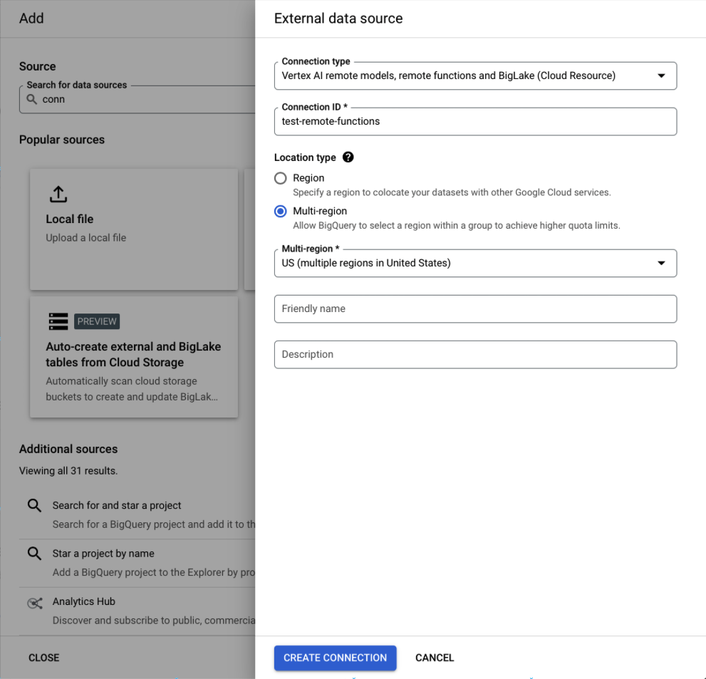 BigQuery console screenshot of the External data source panel for a new connection: type Vertex AI remote models, remote functions and BigLake (Cloud Resource), Connection ID test-remote-functions, US multi-region, and the CREATE CONNECTION button.