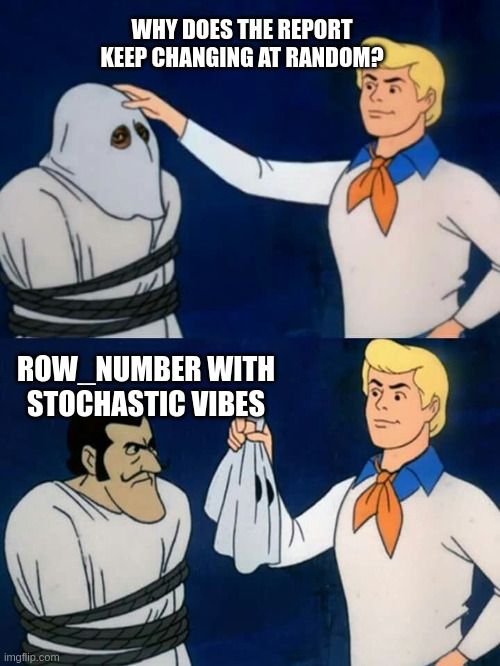 Scooby-Doo unmasking meme: Fred asks why the report keeps changing at random, then pulls the mask off the ghost to reveal the villain, labelled ROW_NUMBER with stochastic vibes.