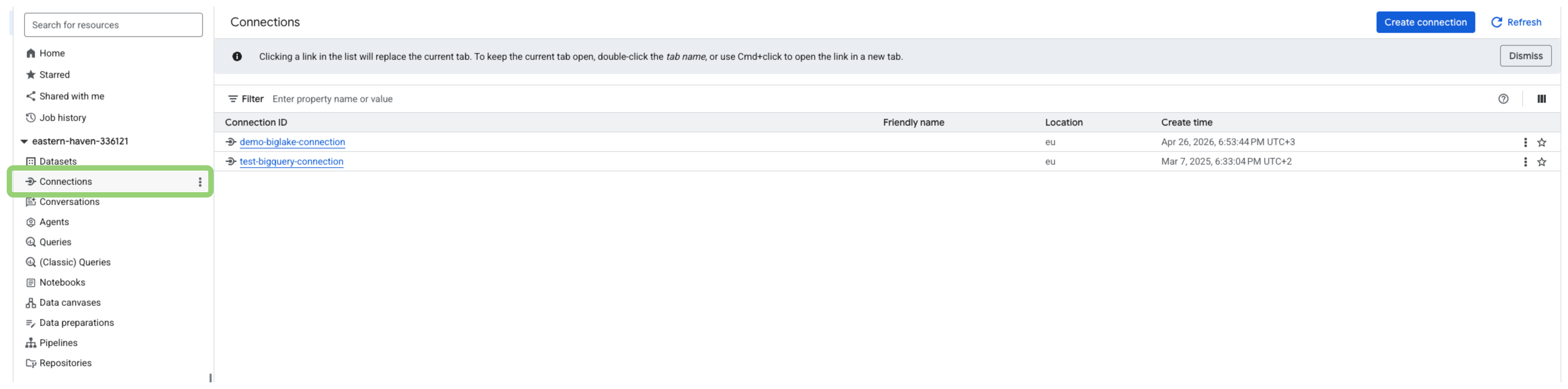 BigQuery console screenshot of the Connections page, with Connections highlighted in the left explorer panel, listing demo-biglake-connection and test-bigquery-connection, both in the eu location.