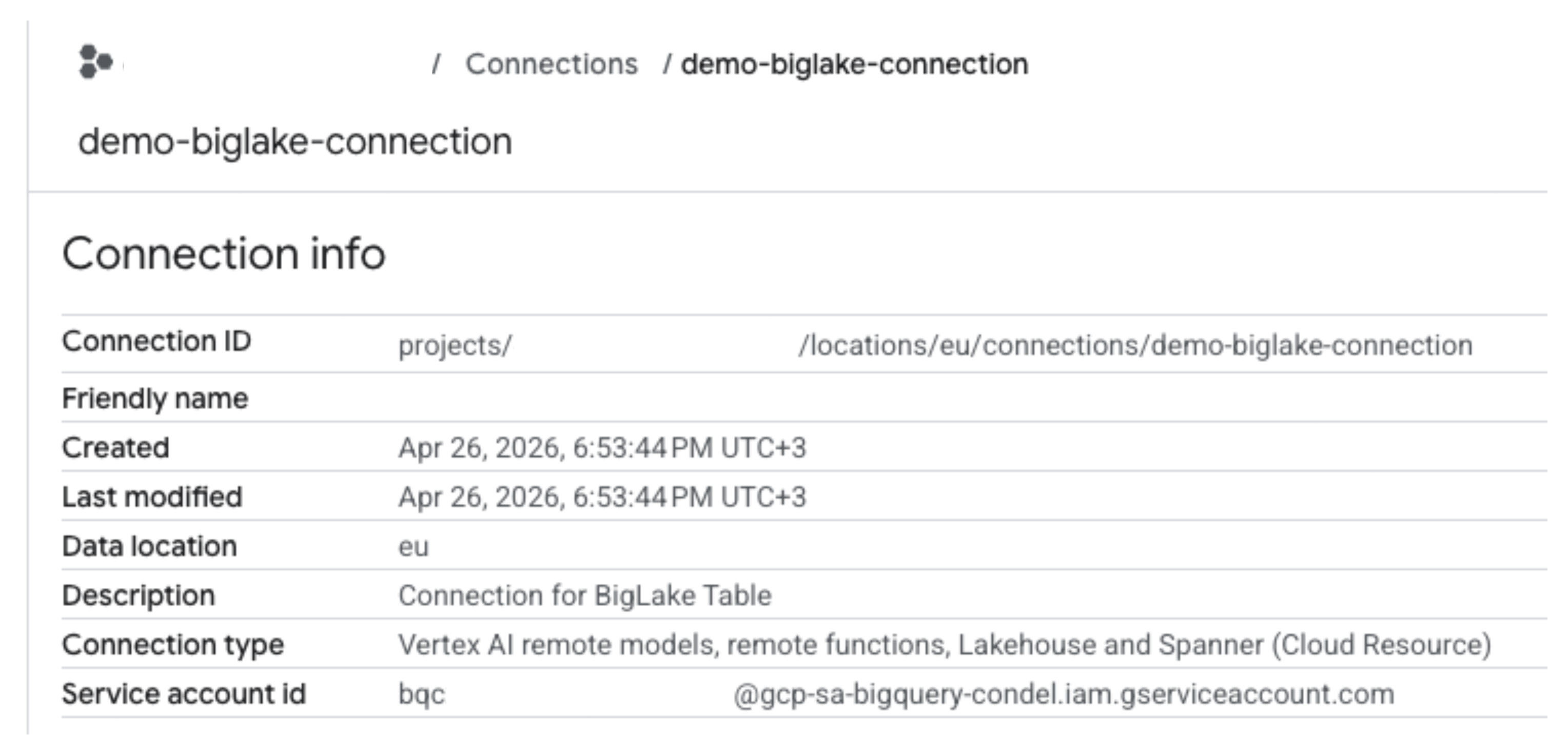 BigQuery console screenshot of the Connection info page for demo-biglake-connection: data location eu, Cloud Resource connection type, description Connection for BigLake Table, and a service account id ending in gcp-sa-bigquery-condel.iam.gserviceaccount.com, with project details hidden.