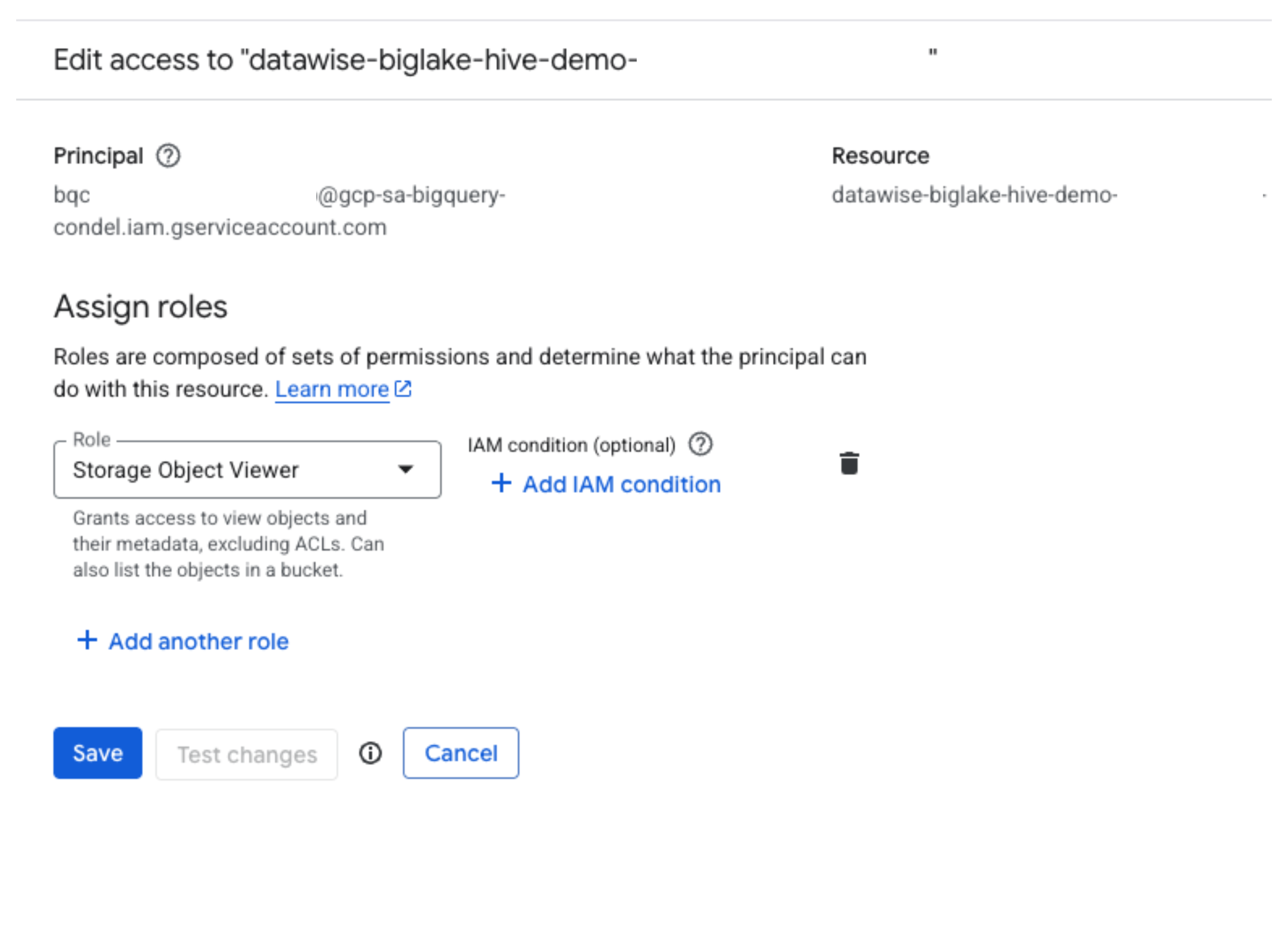 Google Cloud Storage console screenshot of the Edit access dialog for the datawise-biglake-hive-demo bucket, granting the connection's bqc service account at gcp-sa-bigquery-condel.iam.gserviceaccount.com the Storage Object Viewer role.