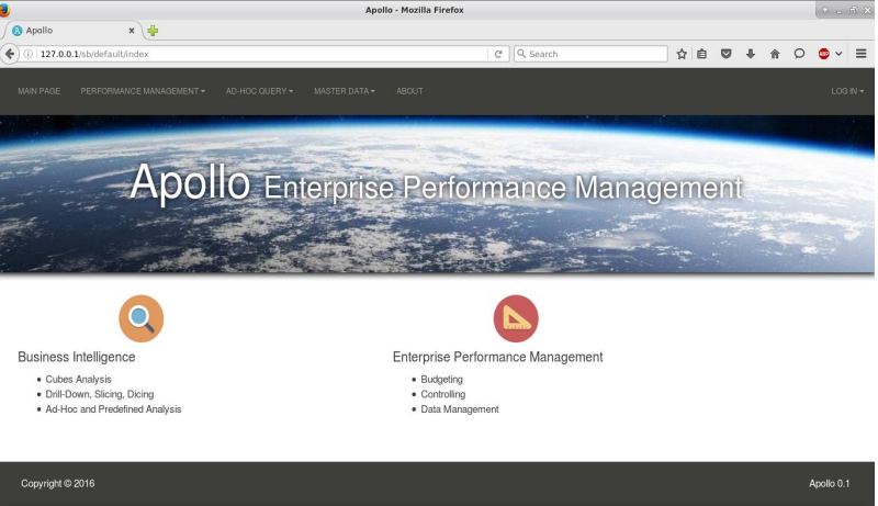 Apollo Enterprise Performance Management web app home page in Firefox, with menus for Performance Management, Ad-Hoc Query and Master Data, listing Business Intelligence features (Cubes analysis, drill-down, slicing, dicing, ad-hoc analysis) and EPM features (budgeting, controlling, data management).