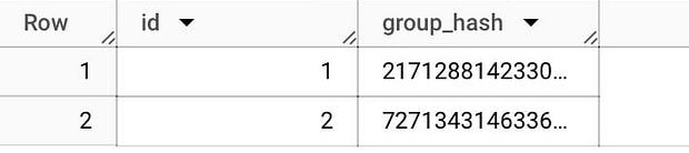 BigQuery results: group_hash 2171288142330… for id 1 and 7271343146336… for id 2 (both truncated in the grid).