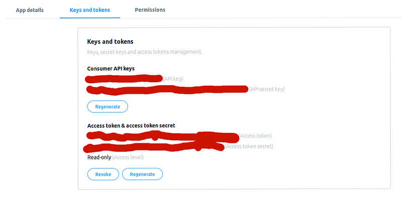 Twitter developer portal Keys and tokens tab for an app, showing Consumer API keys (API key, API secret key) and an access token and secret with Read-only access level, all values scribbled out in red, with Regenerate and Revoke buttons.