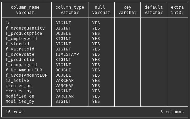 Terminal output: SHOW ecommerce_demo lists 16 columns with their inferred types, all nullable: id, f_orderquantity, f_employeeid, f_storeid, f_vatrateid, f_productid, f_campaignid and created_by BIGINT; f_productprice, f_NetAmountEUR and f_GrossAmountEUR DOUBLE; f_orderdate TIMESTAMP; is_active, created_on and modified_on VARCHAR; modified_by BIGINT.