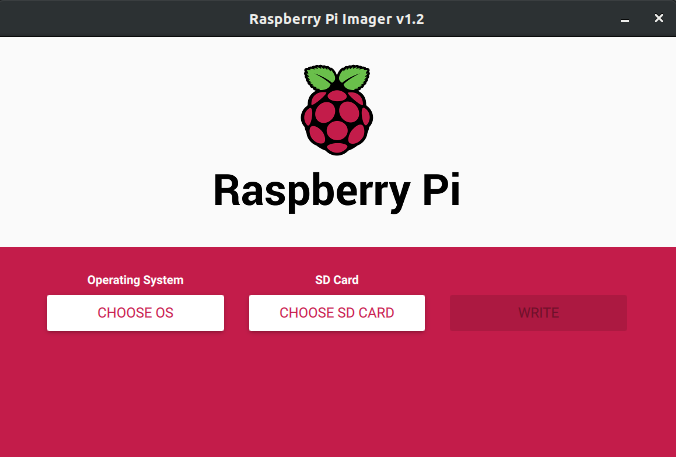 Raspberry Pi Imager v1.2 application window with the Raspberry Pi logo and three controls: Choose OS under Operating System, Choose SD Card under SD Card, and a Write button that is still disabled.