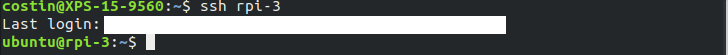 Terminal on the laptop running ssh rpi-3, which connects straight to the Raspberry Pi without a password prompt and lands at the ubuntu@rpi-3 prompt; the last login details are blanked out.