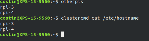 Terminal on the laptop testing the custom shell functions: otherpis prints rpi-3 and rpi-4, and clustercmd cat /etc/hostname runs the command on each Pi over SSH, returning rpi-3 and rpi-4.