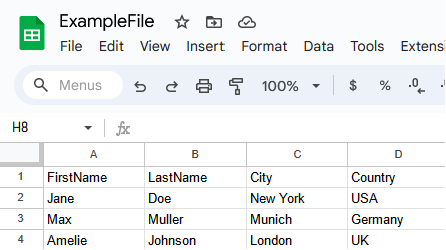 Google Sheets screenshot of ExampleFile with header row FirstName, LastName, City, Country and three data rows: Jane Doe, New York, USA; Max Muller, Munich, Germany; Amelie Johnson, London, UK.