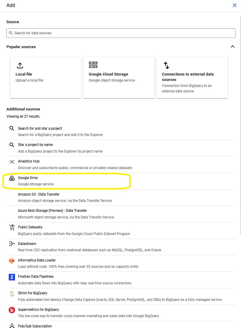 BigQuery console Add dialog listing popular sources (Local file, Google Cloud Storage, Connections to external data sources) and additional sources such as Analytics Hub and Amazon S3, with the Google Drive option circled in yellow.