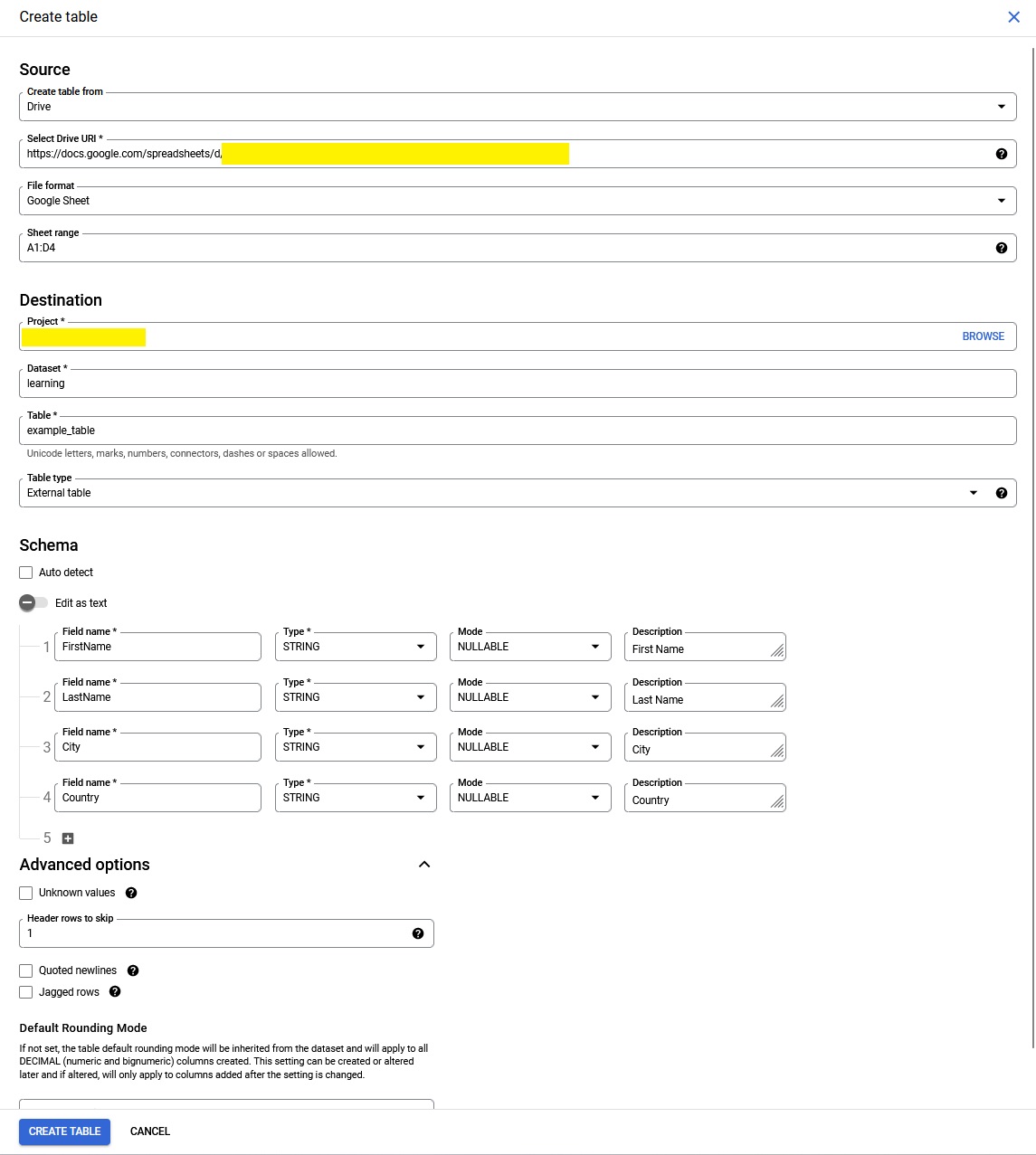 BigQuery console Create table form: source Drive with a Google Sheets URI (partly redacted), file format Google Sheet, sheet range A1:D4, dataset learning, table example_table, table type External table, four STRING fields FirstName, LastName, City, Country, and 1 header row to skip.