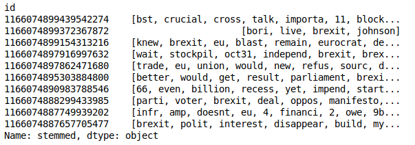Output: the stemmed column for the first 10 tweet ids, each a list of Porter-stemmed tokens (long lists truncated), such as [bori, live, brexit, johnson] and [parti, voter, brexit, deal, oppos, manifesto, ...].