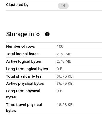 BigQuery console Storage info for example_with_array, clustered by id: 100 rows, 2.78 MB total logical bytes and only 36.75 KB total physical bytes, plus 18.58 KB of time travel physical bytes.