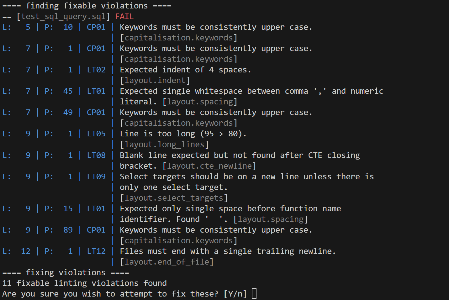 Terminal output: sqlfluff lists the same violations (CP01, LT01, LT02, LT05 with 95 > 80, LT08, LT09 and LT12), reports 11 fixable linting violations found and asks Are you sure you wish to attempt to fix these? [Y/n].