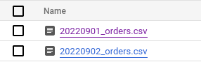 Google Cloud Storage bucket listing with two CSV files named by sale date, 20220901_orders.csv and 20220902_orders.csv, showing the date-prefixed naming convention.