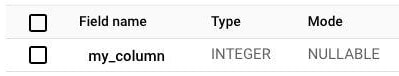 Schema of learning.my_table: my_column, type INTEGER, mode NULLABLE.
