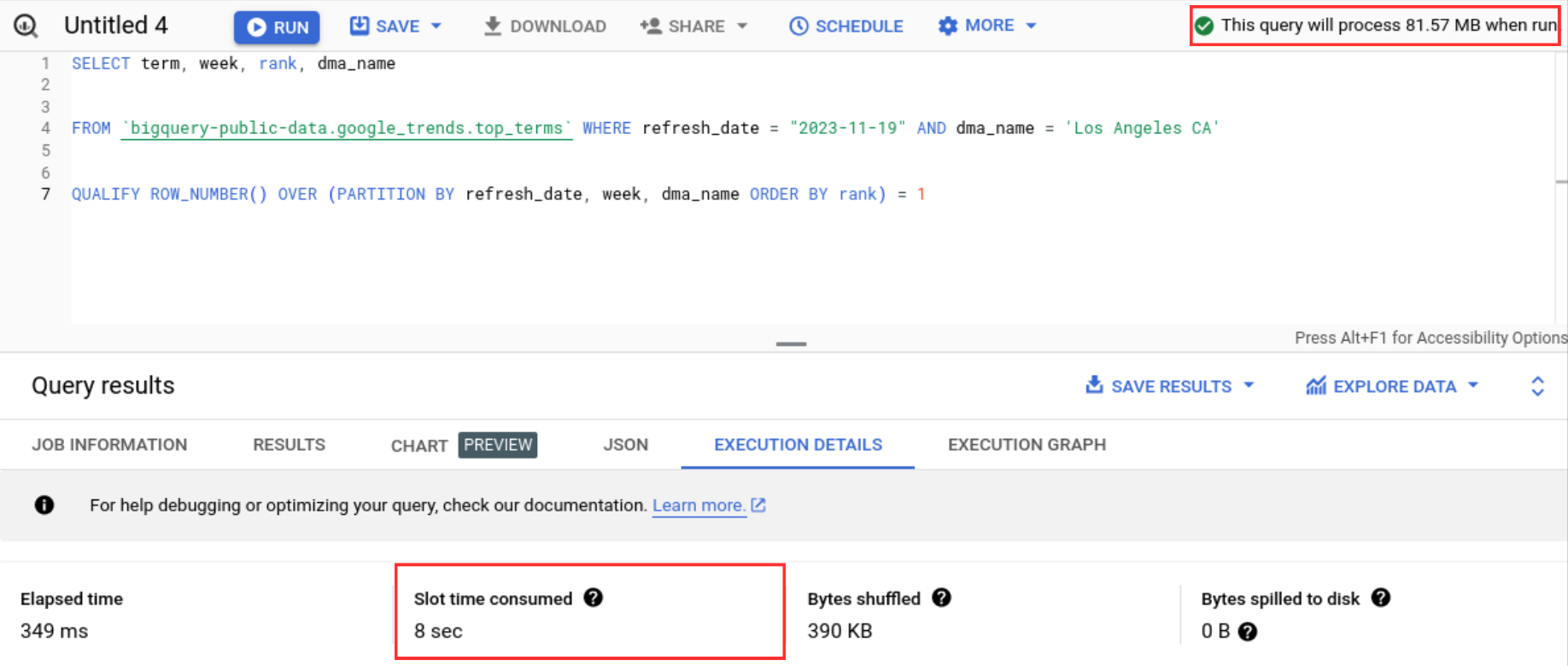 BigQuery console running a QUALIFY ROW_NUMBER() query on bigquery-public-data.google_trends.top_terms for Los Angeles CA, with two metrics highlighted: the estimate of 81.57 MB to be processed and 8 sec of slot time consumed under Execution details.