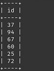 Terminal output: an id column with six rows: 37, 94, 67, 60, 25 and 72.