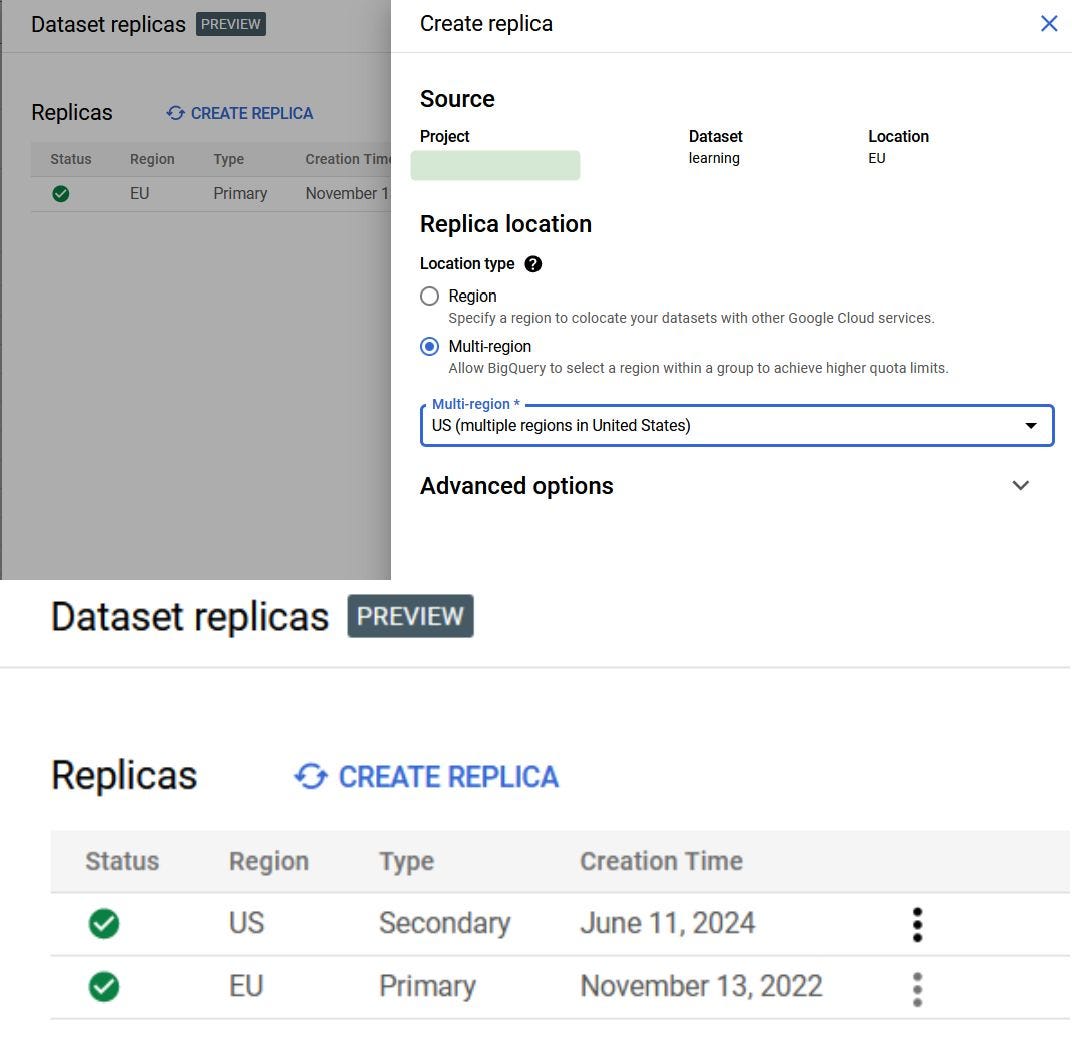 BigQuery console Dataset replicas (Preview) screens: the Create replica panel for dataset learning in EU with Multi-region US selected as replica location, and the Replicas list afterwards showing a US Secondary replica from June 11, 2024 next to the EU Primary.