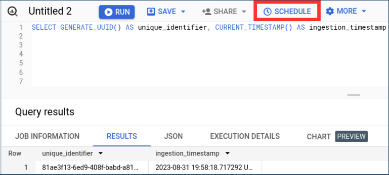 BigQuery console query editor with the Schedule button highlighted in red, above the query SELECT GENERATE_UUID() AS unique_identifier, CURRENT_TIMESTAMP() AS ingestion_timestamp and its one-row result.
