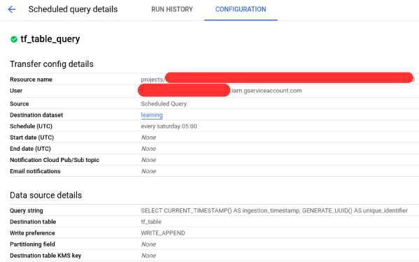 BigQuery Scheduled query details Configuration tab for tf_table_query: schedule every saturday 05:00 UTC, destination dataset learning, query string SELECT CURRENT_TIMESTAMP() AS ingestion_timestamp, GENERATE_UUID() AS unique_identifier into tf_table with WRITE_APPEND; resource name and user are redacted.
