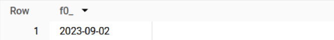 BigQuery results: f0_, the maximum ds_date in the target table, is 2023-09-02.
