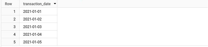 BigQuery results of the GENERATE_DATE_ARRAY query: the same five dates, 2021-01-01 through 2021-01-05.