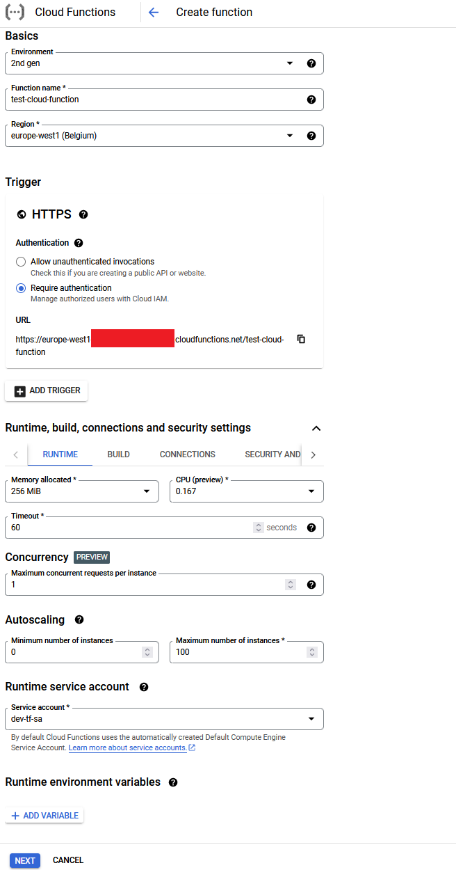 Google Cloud console screenshot of the Cloud Functions Create function configuration: 2nd gen environment, test-cloud-function in europe-west1, HTTPS trigger with Require authentication, 256 MiB memory, 60 s timeout, concurrency 1, autoscaling 0 to 100 instances, service account dev-tf-sa.