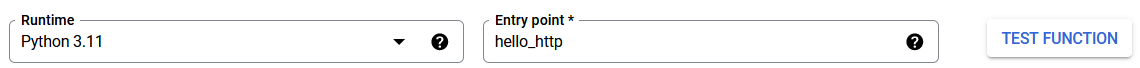 Cloud Functions console, Code step: Runtime Python 3.11, Entry point hello_http, and a TEST FUNCTION button.