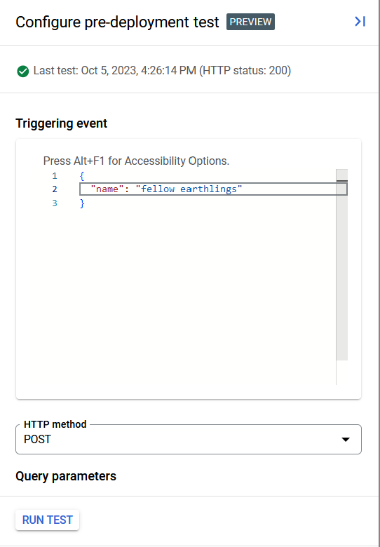 Google Cloud Functions console Configure pre-deployment test panel: the triggering event is the JSON body {"name": "fellow earthlings"}, HTTP method POST, with a Run Test button and a last test on Oct 5, 2023 that returned HTTP status 200.