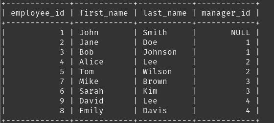 Terminal output: an ASCII table of nine employees with employee_id, first_name, last_name and manager_id: John Smith has manager_id NULL, Jane Doe and Bob Johnson report to 1, Alice Lee and Tom Wilson to 2, Mike Brown and Sarah Kim to 3, David Lee and Emily Davis to 4.